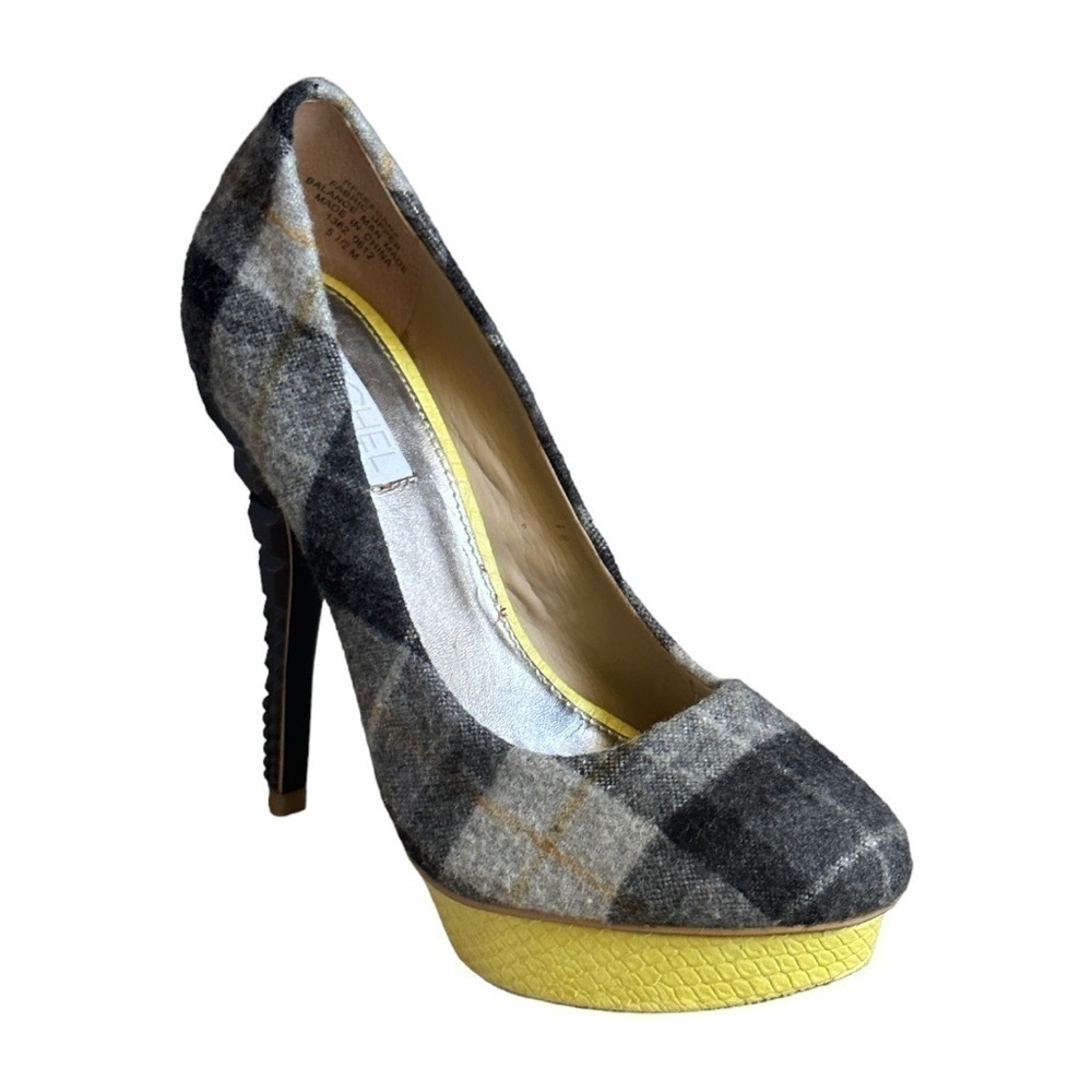 Rachel Zoe Keegan Plaid Platform Pumps Sculpted Heel Gray Yellow 5.5